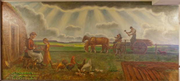 Mural: The Homestead and Building of the Barbed Wire Fence, (1939) by John Steuart Curry at the Department of Interior, Washington, D.C. Photo by Carol M. Highsmith, 2009.